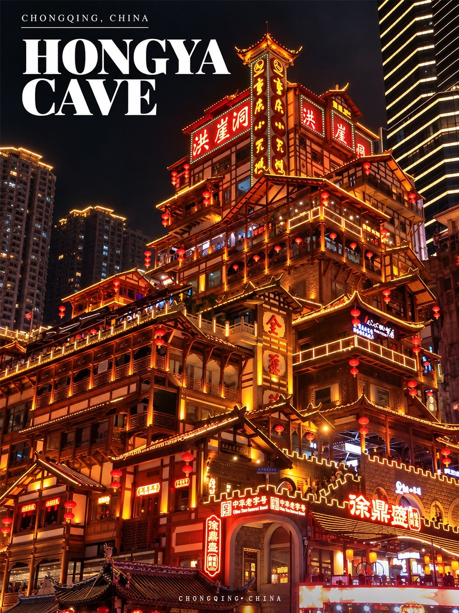 Hongya Cave travel poster